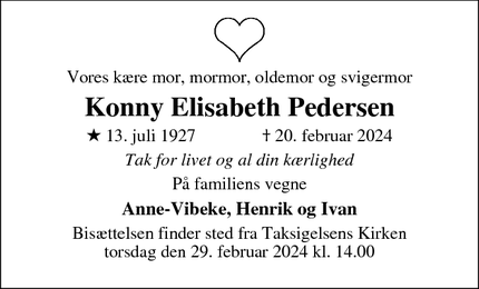 Dødsannoncen for Konny Elisabeth Pedersen - Charlottenlund