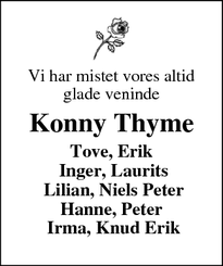 Dødsannoncen for Konny Thyme - Ikast
