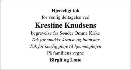 Taksigelsen for Krestine Knudsens - Sønder omme