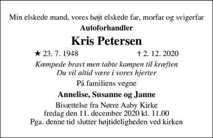 Dødsannoncen for Kris Petersen - Nørre Aaby
