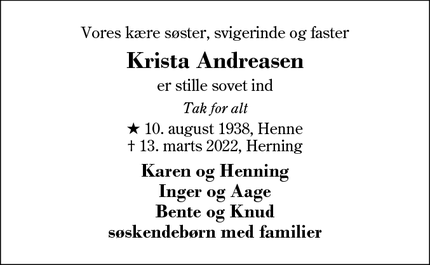 Dødsannoncen for Krista Andreasen - Ansager