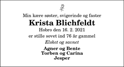Dødsannoncen for Krista Blichfeldt - Hobro 