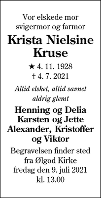 Dødsannoncen for Krista Nielsine
Kruse - Ølgod