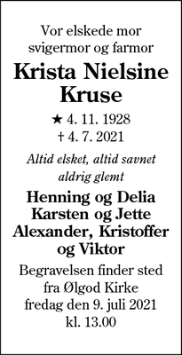 Dødsannoncen for Krista Nielsine
Kruse - Ølgod