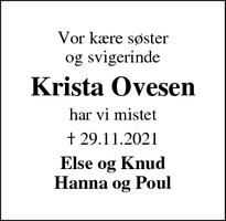 Dødsannoncen for Krista Ovesen - Bording