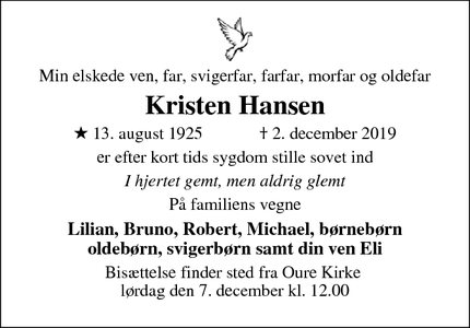 Dødsannoncen for Kristen Hansen - Oure