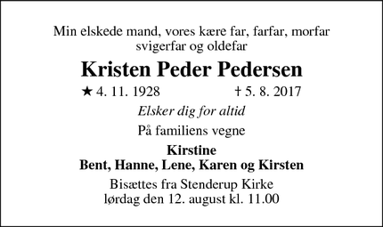 Dødsannoncen for Kristen Peder Pedersen - Stenderup