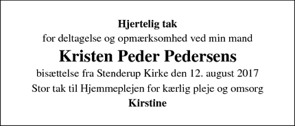 Dødsannoncen for Kristen Peder Pedersens - Stenderup, Denmark