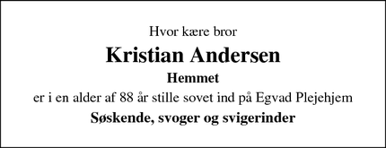 Dødsannoncen for Kristian Andersen - Hemmet