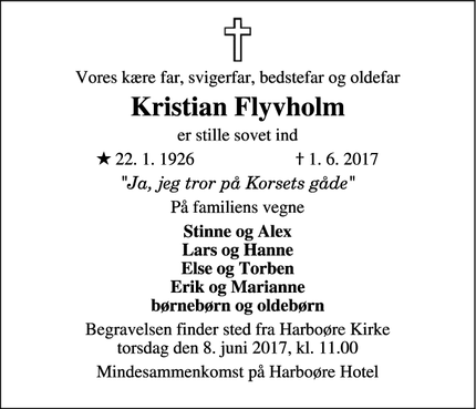 Dødsannoncen for Kristian Flyvholm - Harboøre