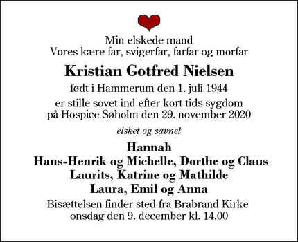 Dødsannoncen for Kristian Gotfred Nielsen - ingen