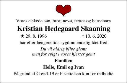 Dødsannoncen for Kristian Hedegaard Skaaning - holstebro