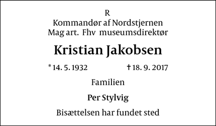 Dødsannoncen for Kristian Jakobsen - Frederiksberg