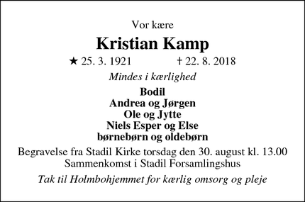 Dødsannoncen for Kristian Kamp - Stadil