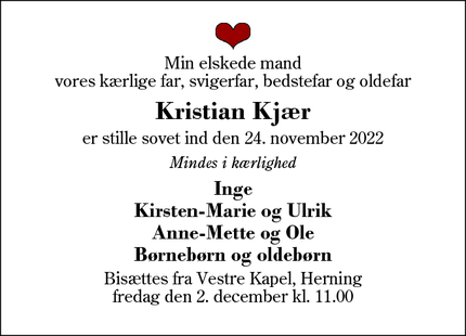 Dødsannoncen for Kristian Kjær - Herning