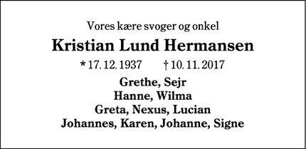 Dødsannoncen for Kristian Lund Hermansen - Sønderborg