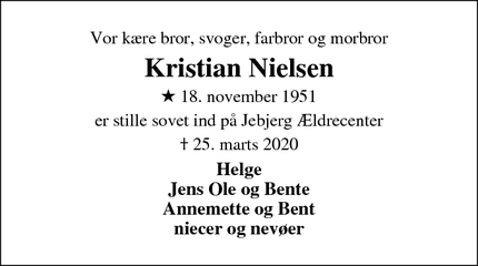 Dødsannoncen for Kristian Nielsen - Jebjerg