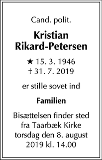 Dødsannoncen for Kristian Rikard-Petersen - Lyngby-Taarbæk