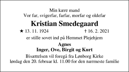 Dødsannoncen for Kristian Smedegaard - Hemmet