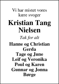 Dødsannoncen for Kristian Tang
Nielsen - Tarm
