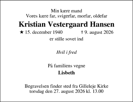 Dødsannoncen for Kristian Vestergaard Hansen - Højby