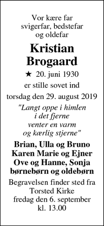 Dødsannoncen for Kristian
Brogaard - Ølstrup
