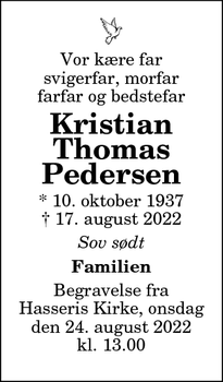 Dødsannoncen for Kristian
Thomas
Pedersen - Aalborg