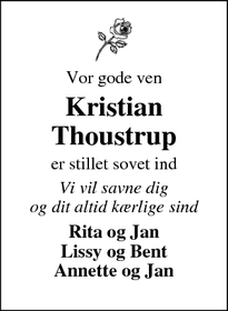 Dødsannoncen for Kristian
Thoustrup - Holstebro