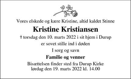 Dødsannoncen for Kristine Kristiansen - København