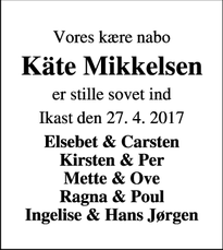 Dødsannoncen for Käte Mikkelsen - Ikast