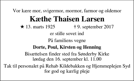 Dødsannoncen for Kæthe Thaisen Larsen - Ebberup