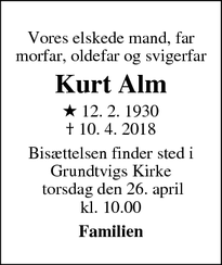 Dødsannoncen for Kurt Alm - Rødovre