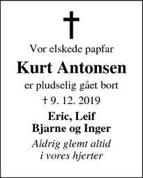 Dødsannoncen for Kurt Antonsen - Højslev
