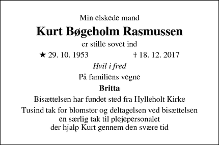 Dødsannoncen for Kurt Bøgeholm Rasmussen - Faxe Ladeplads