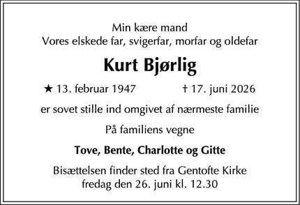 Dødsannoncen for Kurt Bj&oslash;rlig - Vedbæk