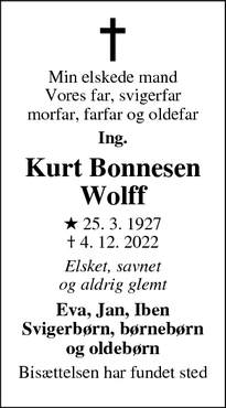 Dødsannoncen for Kurt Bonnesen
Wolff - Albertslund 