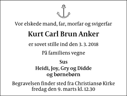 Dødsannoncen for Kurt Carl Brun Anker - Christiansø