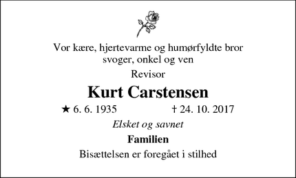 Dødsannoncen for Kurt Carstensen - Odense