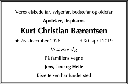 Dødsannoncen for Kurt Christian
Bærentsen - Herlev
