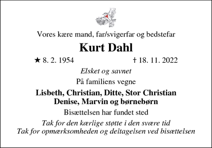 Dødsannoncen for Kurt Dahl - Vesterø 