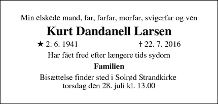 Dødsannoncen for Kurt Dandanell Larsen - Solrød Strand