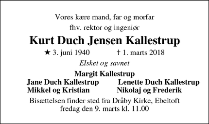 Dødsannoncen for Kurt Duch Jensen Kallestrup - Ebeltoft