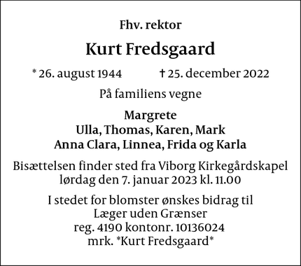 Dødsannoncen for Kurt Fredsgaard - Viborg