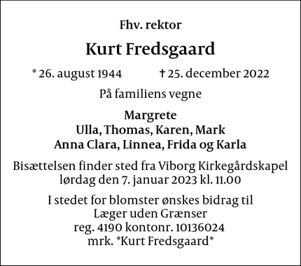 Dødsannoncen for Kurt Fredsgaard - Viborg