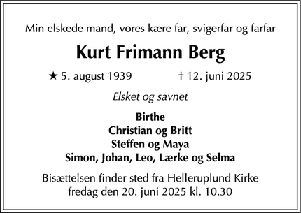 Dødsannoncen for Kurt Frimann Berg - Dyssegaard