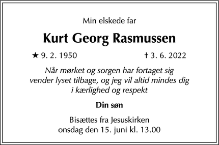 Dødsannoncen for Kurt Georg Rasmussen - Valby