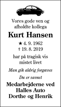 Dødsannoncen for Kurt Hansen - Varde