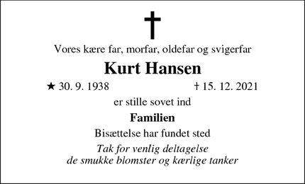 Dødsannoncen for Kurt Hansen - Vallensbæk