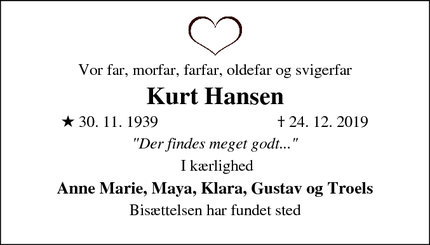 Dødsannoncen for Kurt Hansen - Svendborg (Thurø)