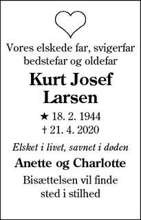 Dødsannoncen for Kurt Josef Larsen - Esbjerg